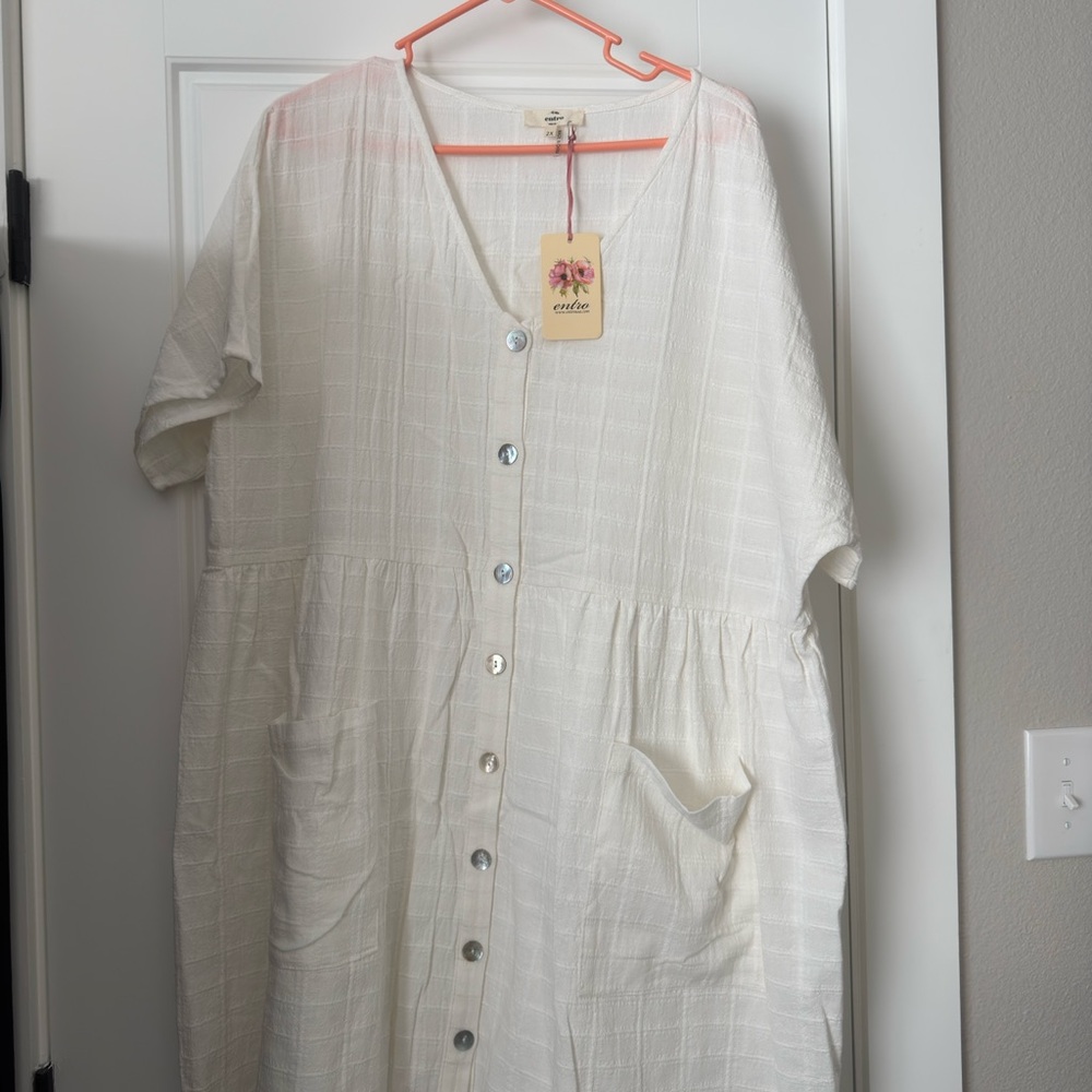 Entro White Button-Down Dress with Pockets